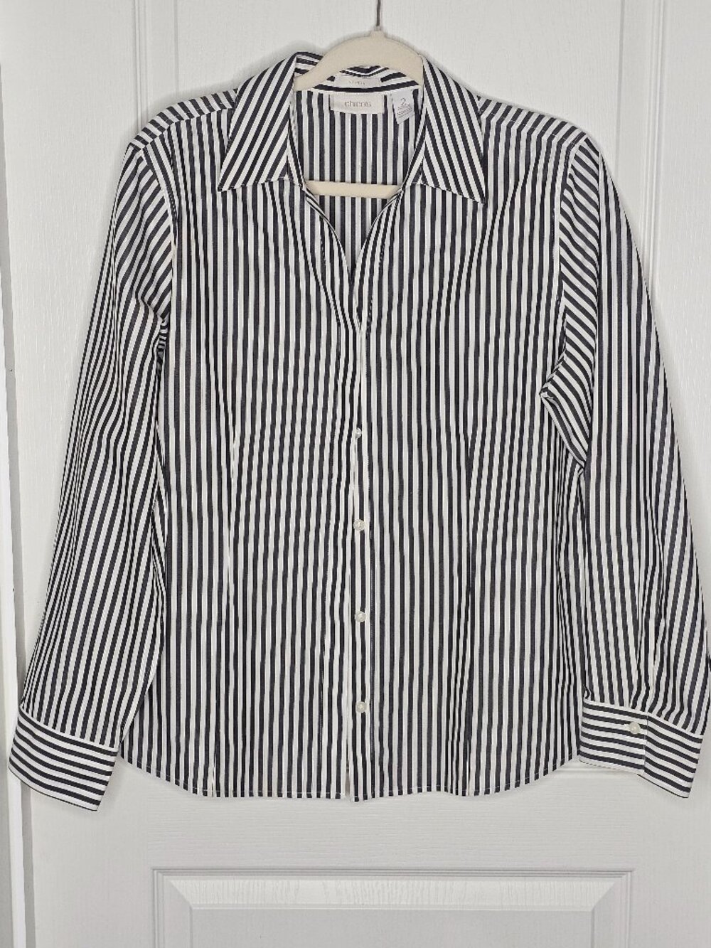 Chico's No Iron Striped Button Down Shirt Black White Size 2